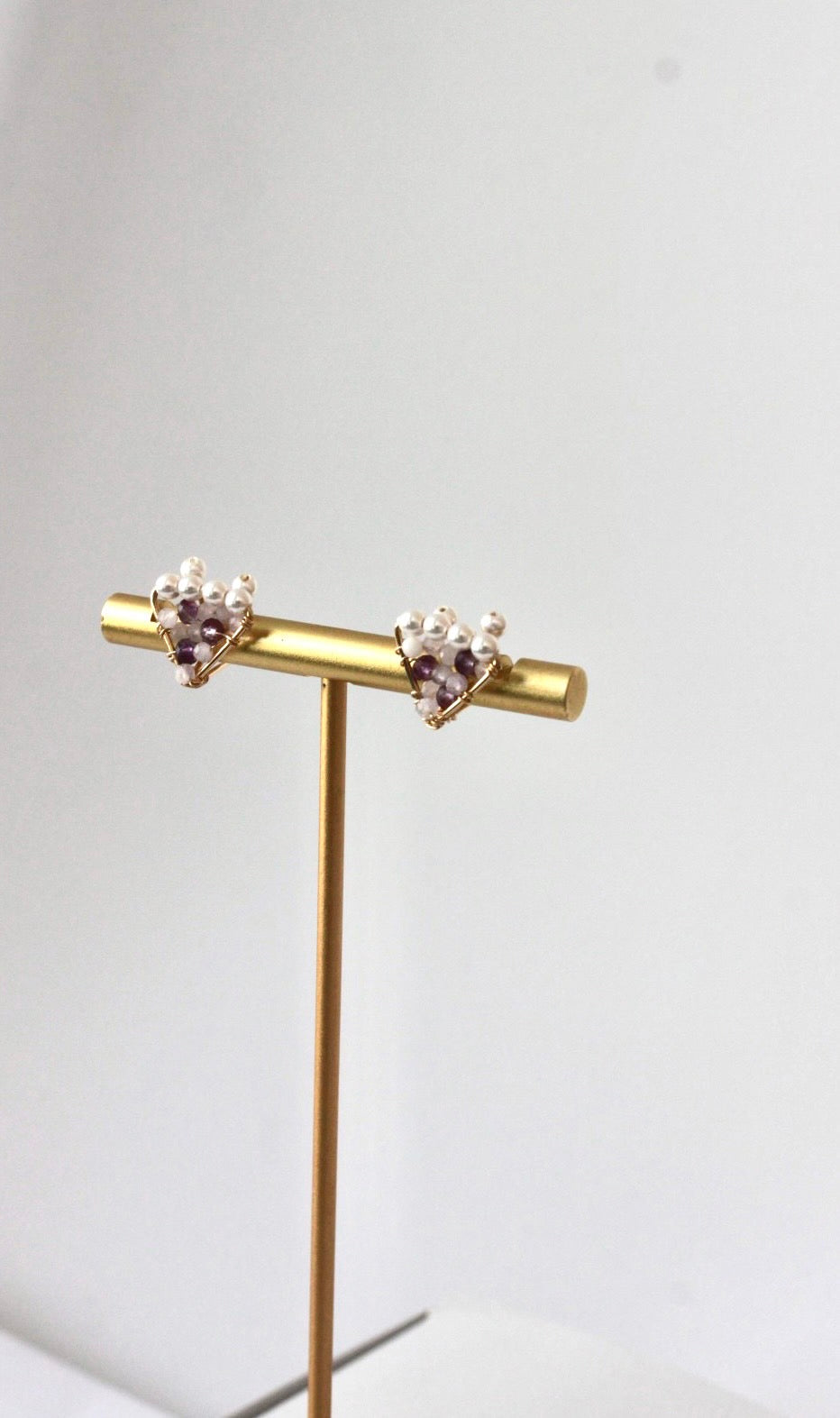 金三角 紫水晶 水晶珍珠 14k包金耳夾